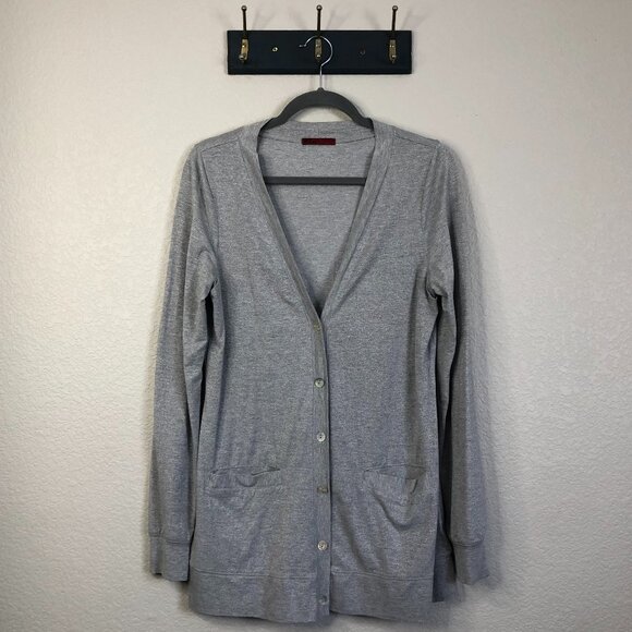 BKE Red Long Sleeve Gray Sparkle Button-Front Cardigan Women's M Pocket Stretch - Picture 1 of 11
